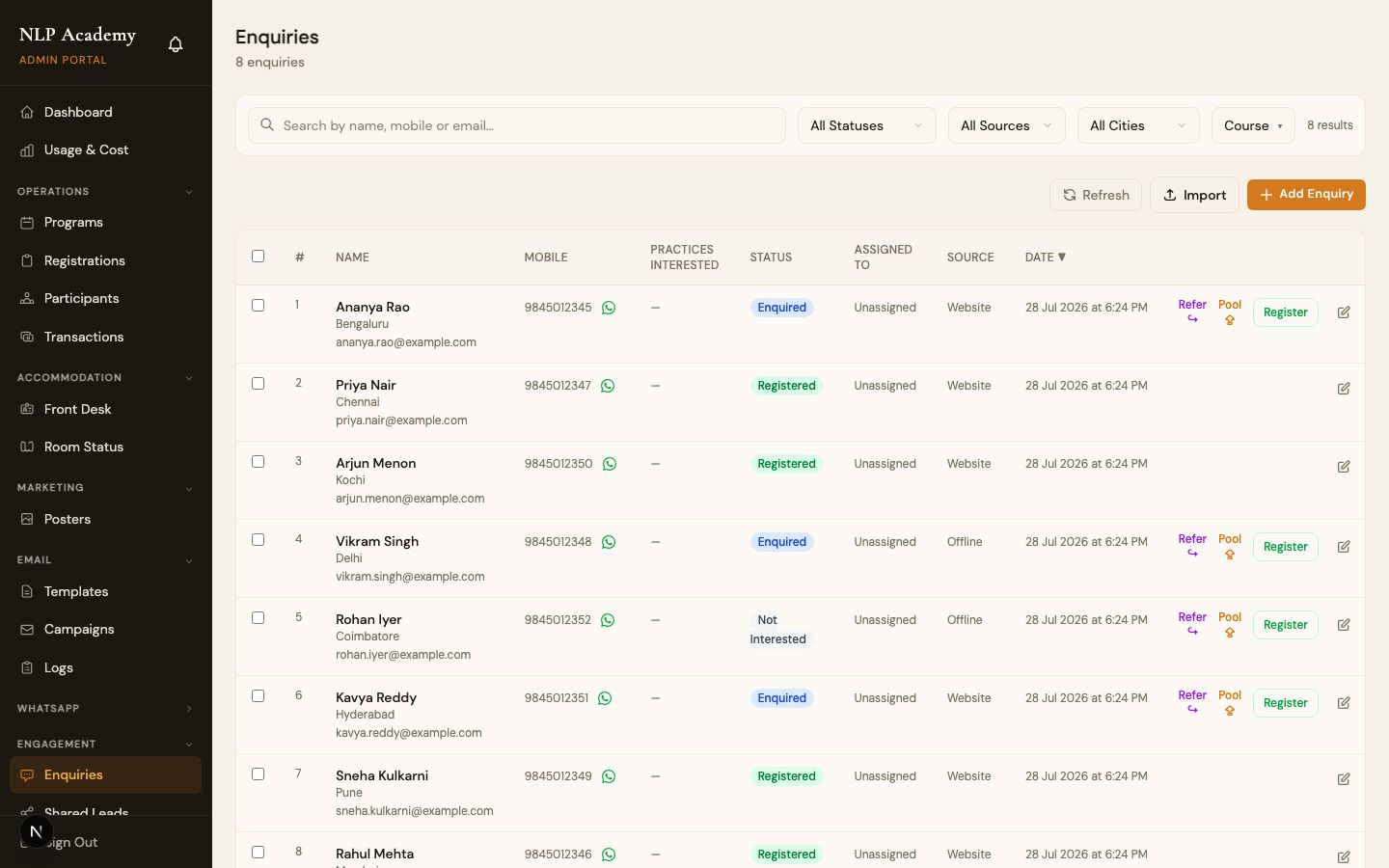 The Enquiries screen showing incoming trainee leads with status and source