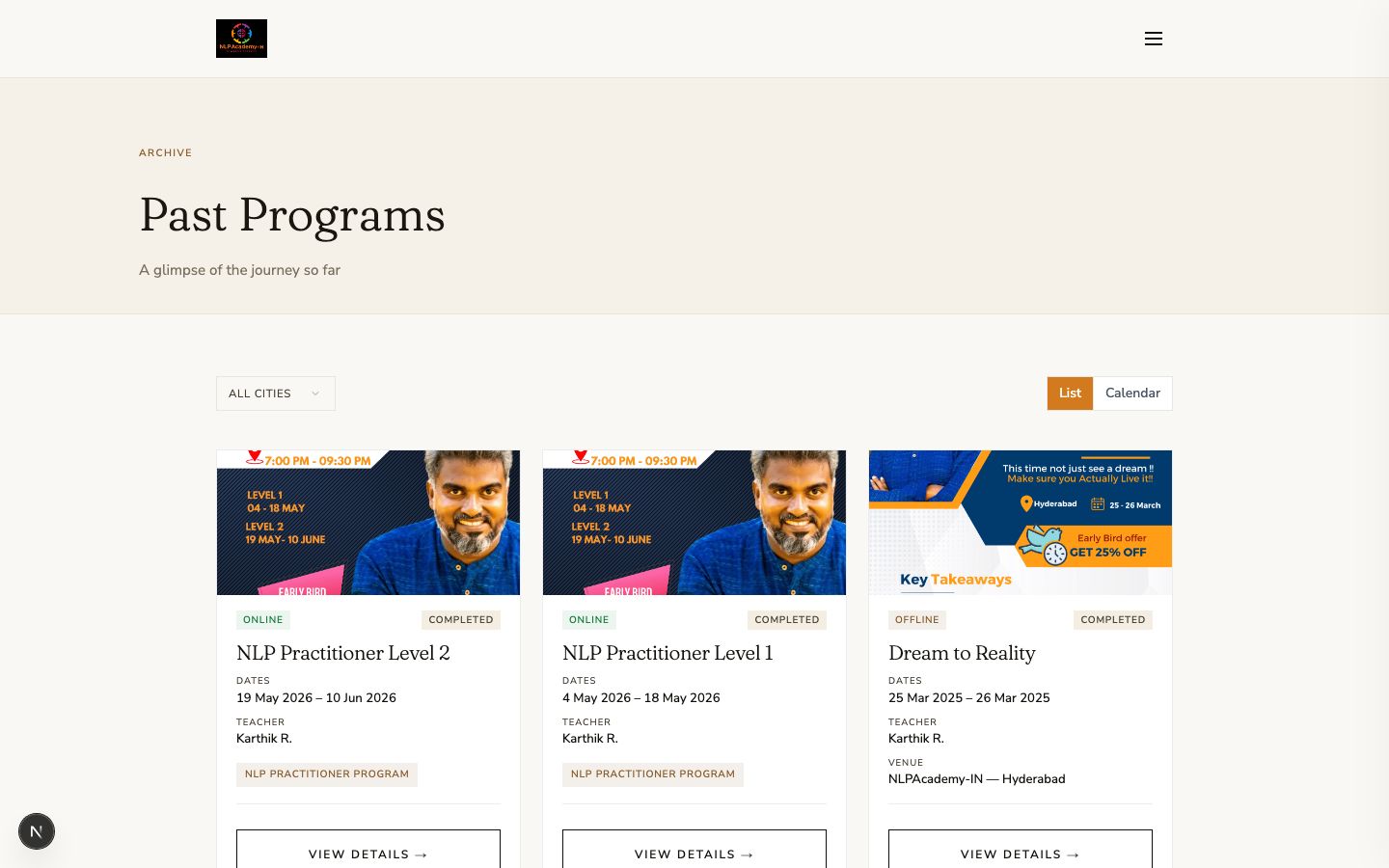 Past NLP programs including Practitioner and Master Practitioner certifications